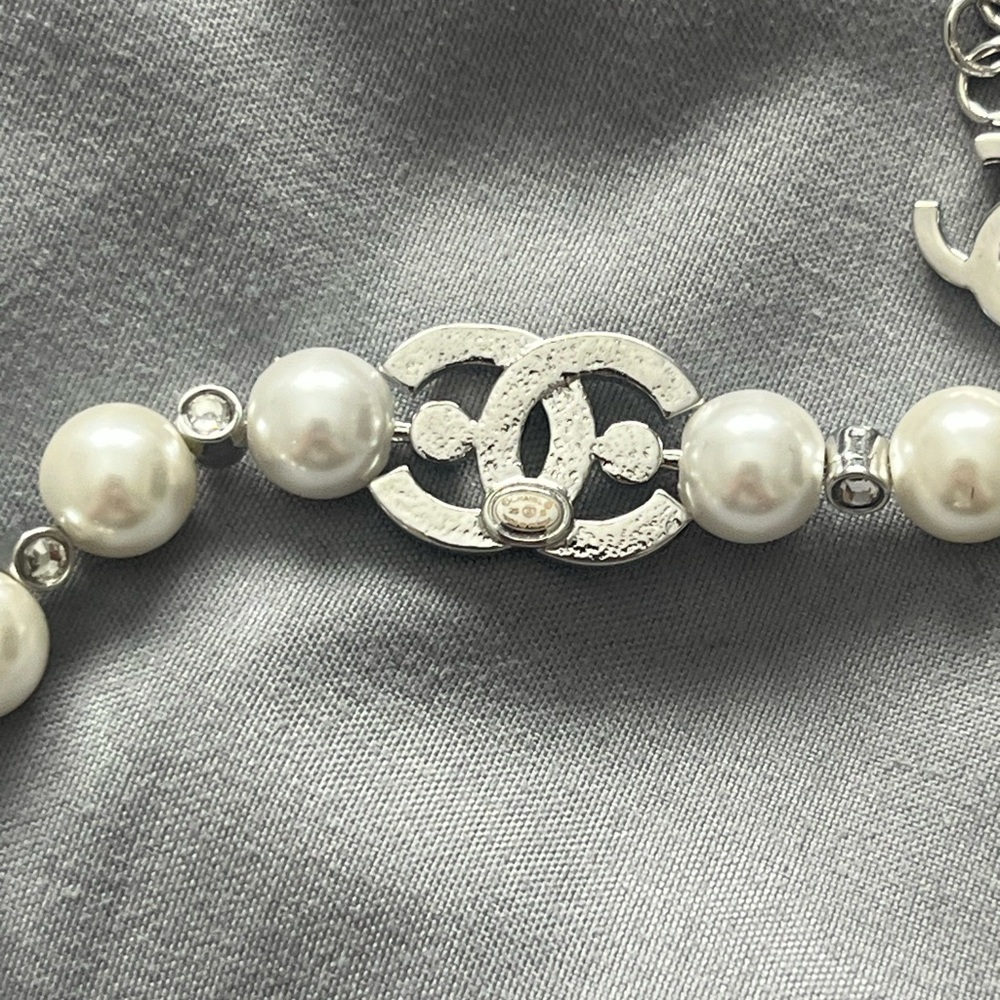 Chanel CC Crystal Pearl Bracelet Stainless Steel Faux Pearl Adjustable 6.5-9” - Picture 12 of 16